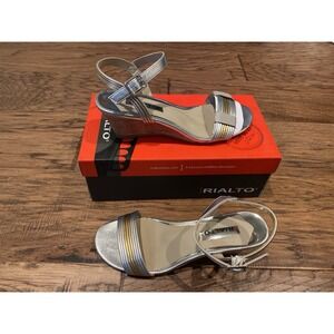 Rialto Cadis Silver/Gold Open Toe Ankle Strap Wedge Sandals Women's US Sz 6M NEW